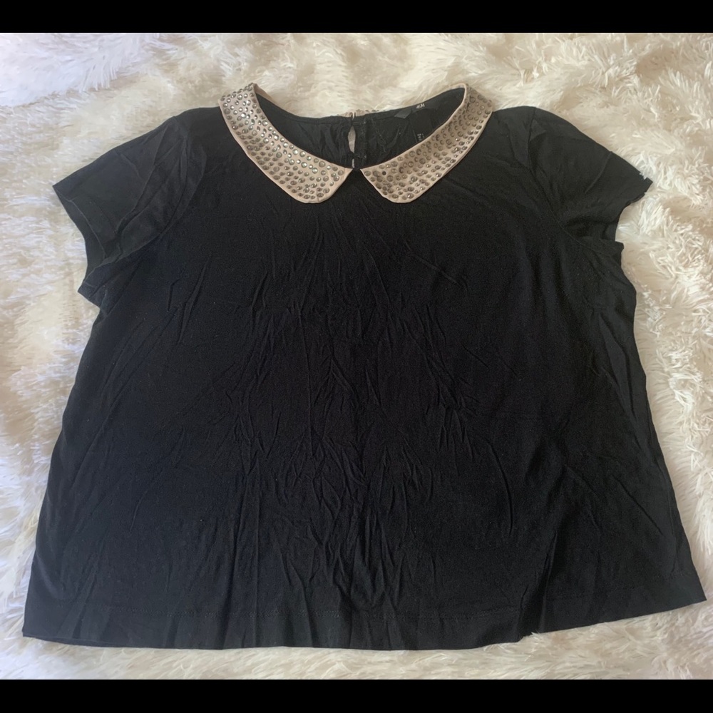 H&M Black Blouse w/ Cream Beaded Collar